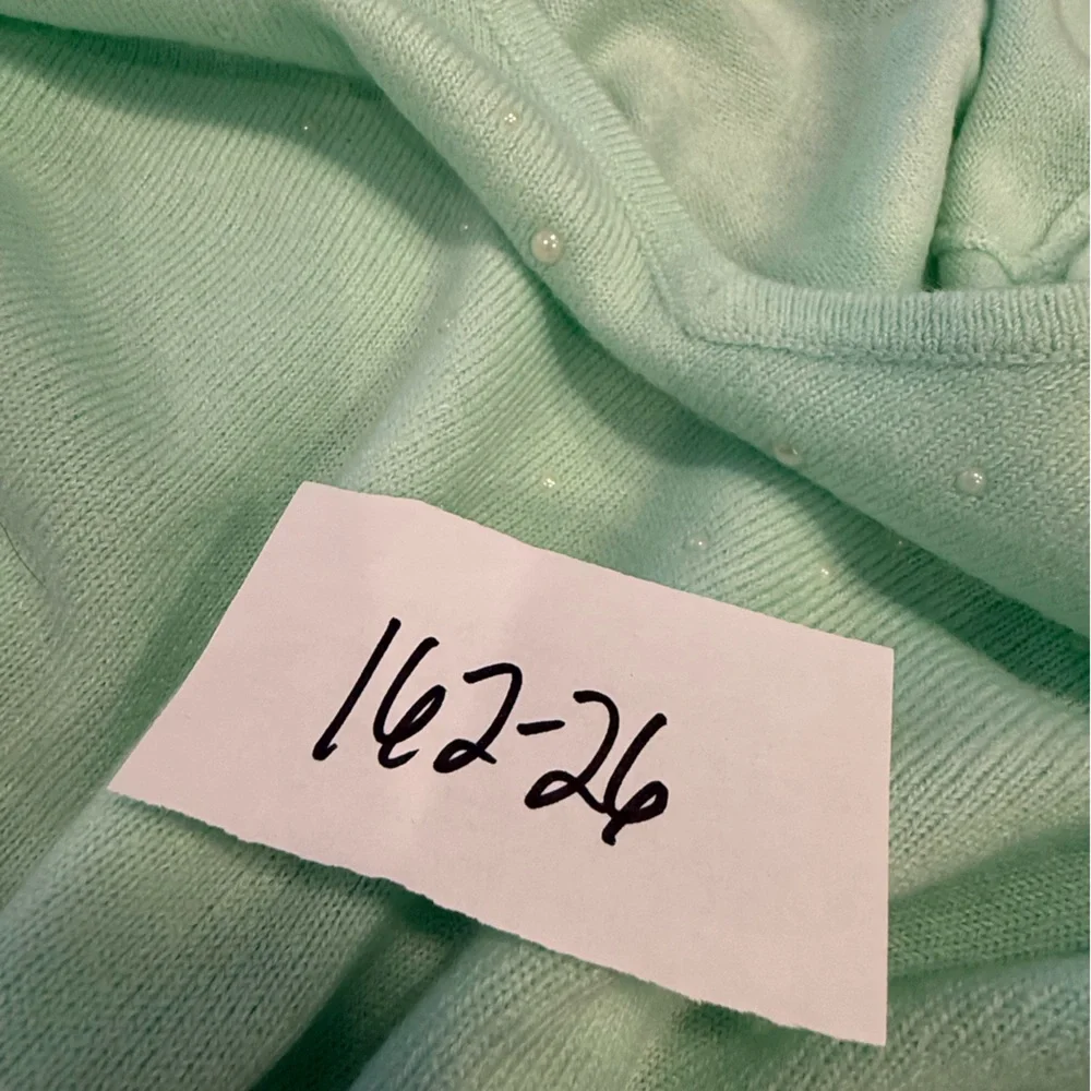 Rebecca Malone mint green pearl bead sweater & detachable fringe scarf SZ LG - Picture 12 of 13